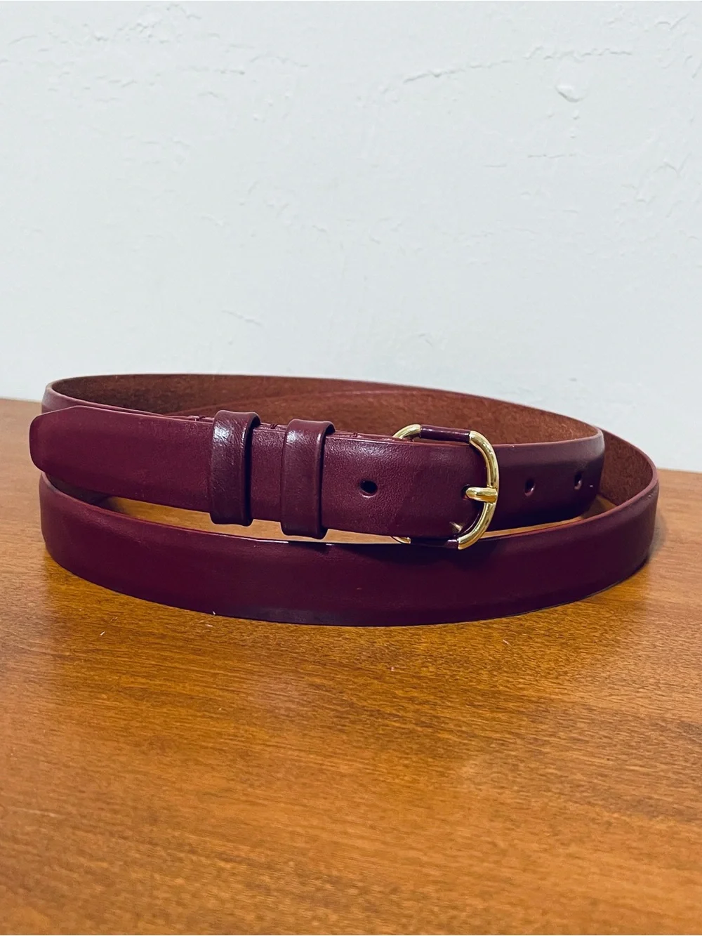 Lands' End Burgundy 100% Leather Dress Belt Gold Buckle Office Career Women L